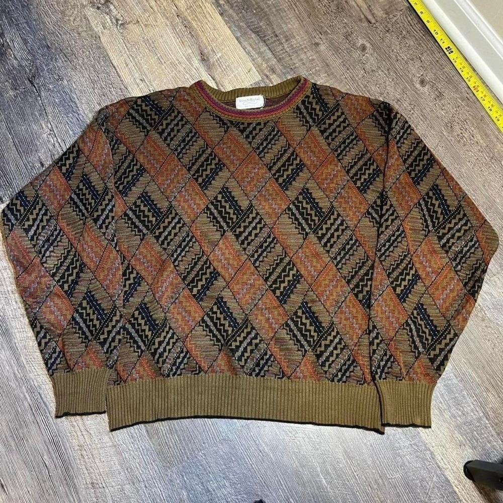 Vintage 1990s Tricots St. Raphael Argyle Knit Sweater Brown Large USA Made